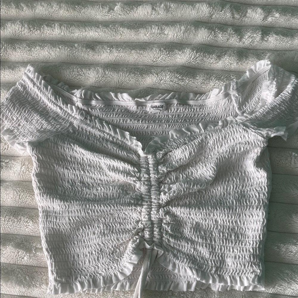 Garage White Smocked Ruched Off-Shoulder Crop Top
